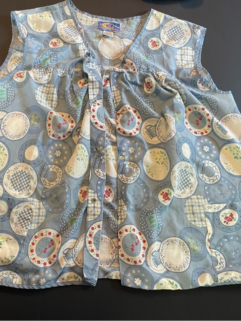 Vintage Moon Dance Sleeveless Blue Plate-Print Button-Front Women's Blouse